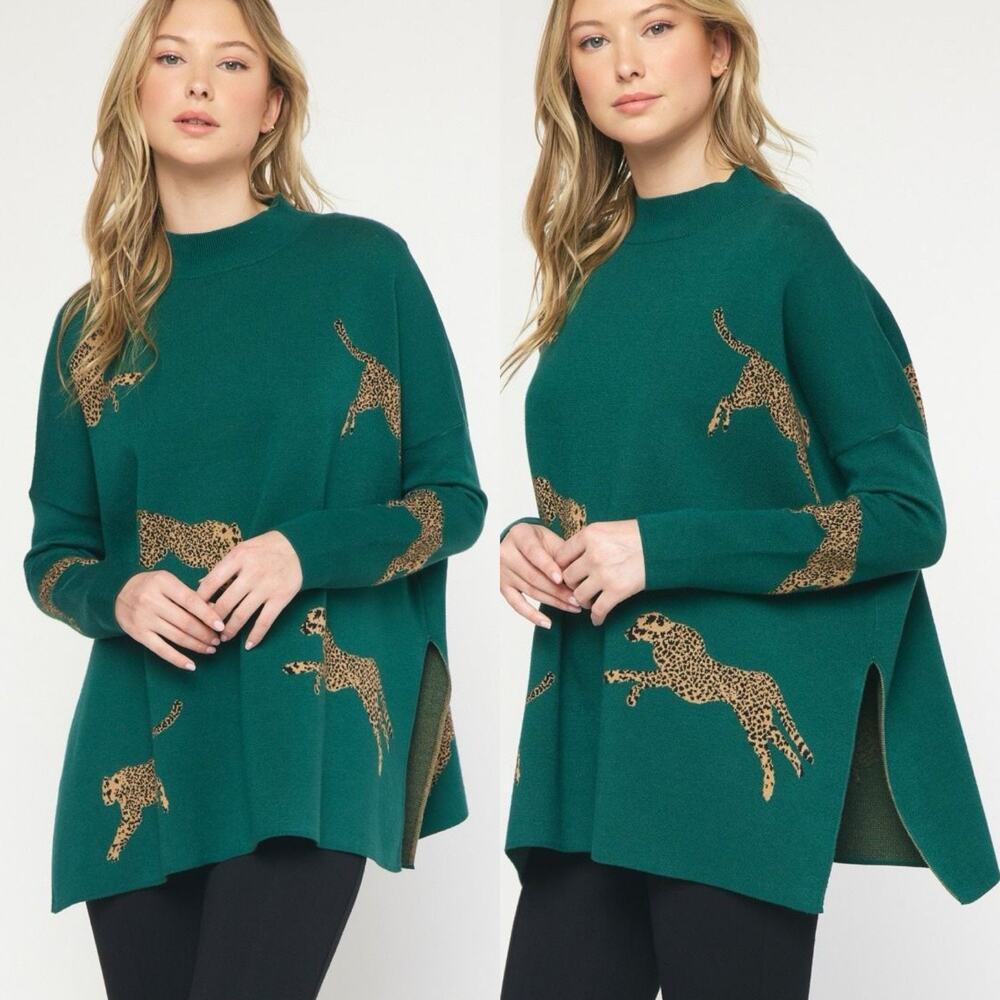 entro Green Sweater with Leopard Motif
